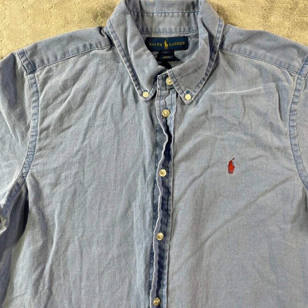 Ralph Lauren Linen Shirt Boys XL 18-20 Blue Short Sleeve Button Casual Preppy